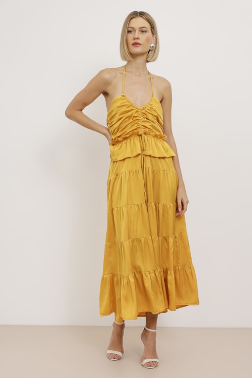 Vestido Mídi Acetinado Drapê Amarelo