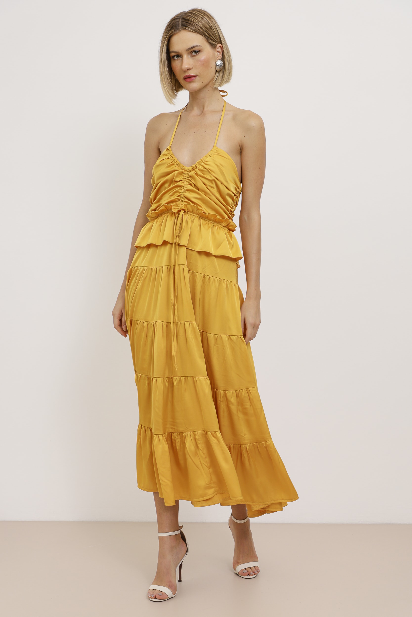 Vestido Mídi Acetinado Drapê Amarelo
