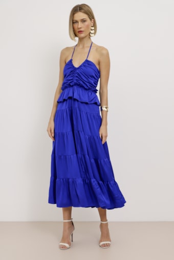 Vestido Mídi Acetinado Drapê Azul
