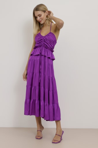 Vestido Mídi Acetinado Drapê Roxo 