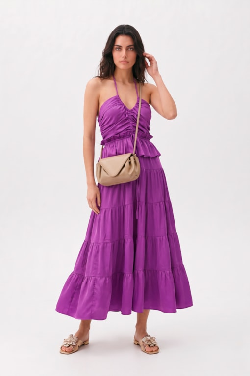 Vestido Mídi Acetinado Drapê Roxo