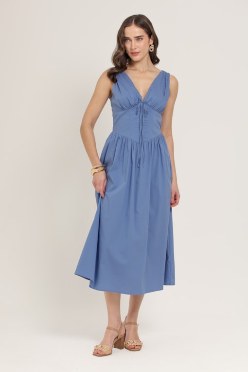 Vestido Midi Acinturado Azul