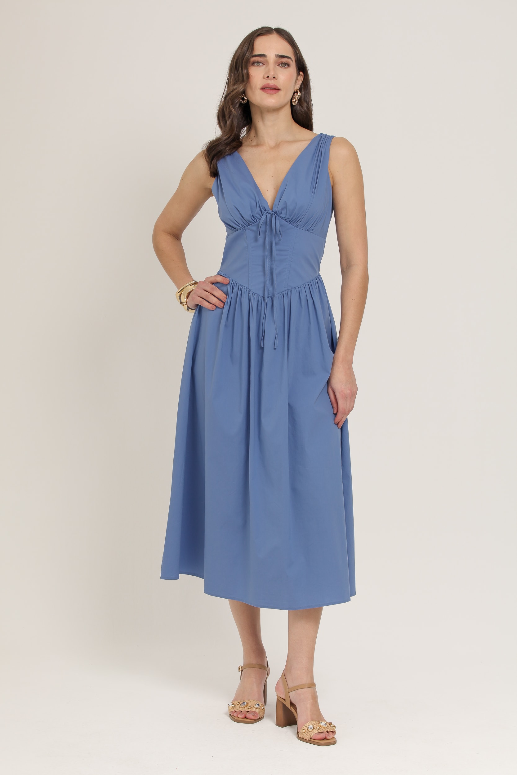 Vestido Midi Acinturado Azul