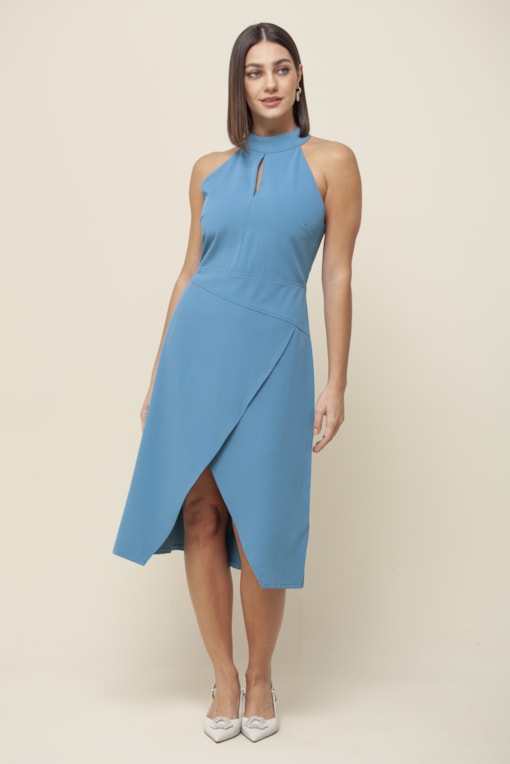Vestido Midi Alfaiataria Recortes Azul