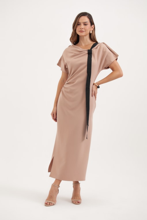 Vestido Midi Com Faixa Frontal Bege