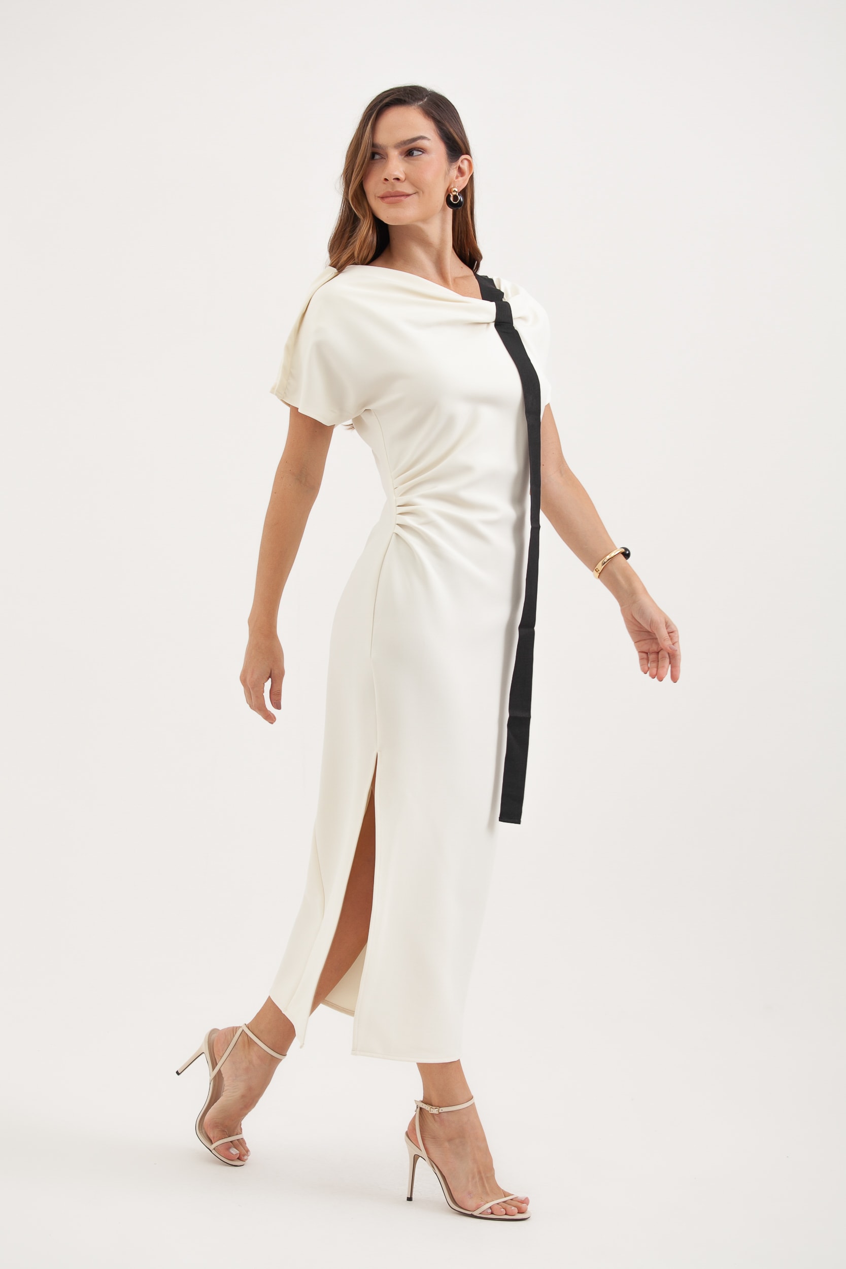 Vestido Midi Com Faixa Frontal Off-white