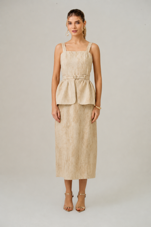 Vestido Midi De Alças Com Peplum Bege