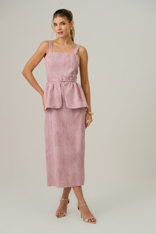 Vestido Midi De Alças Com Peplum Rosa blush