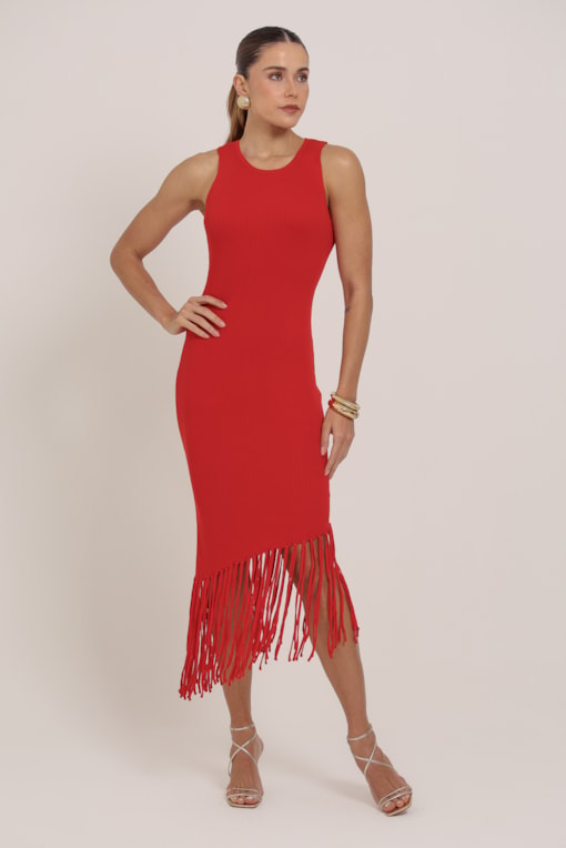 Vestido Midi De Tricot Com Franjas Na Barra Vermelho
