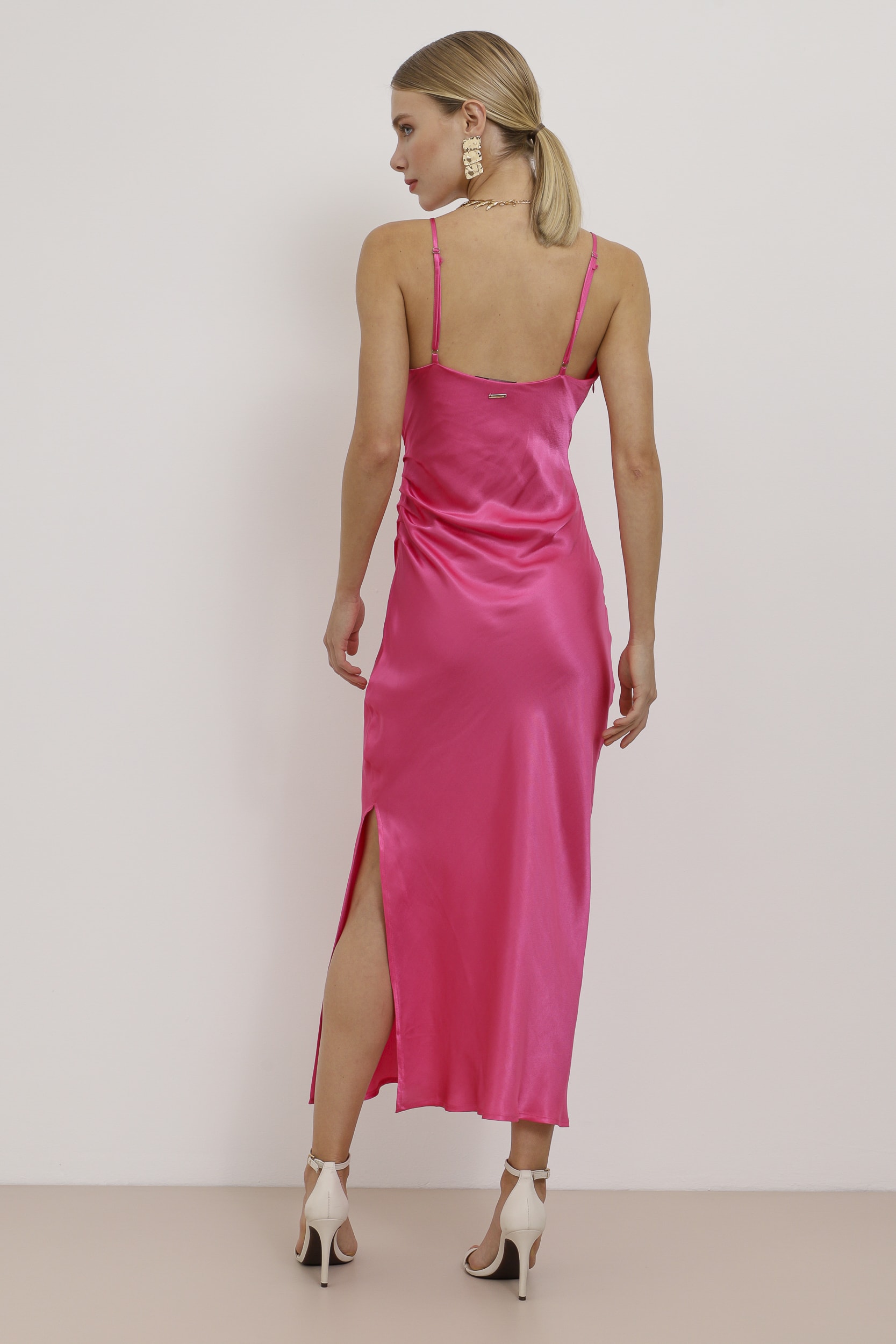 Vestido Mídi Decote Transpassado Acetinado Pink