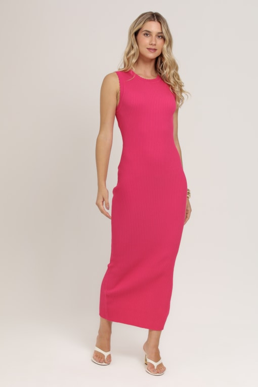 Vestido Midi em Tricot Rosa