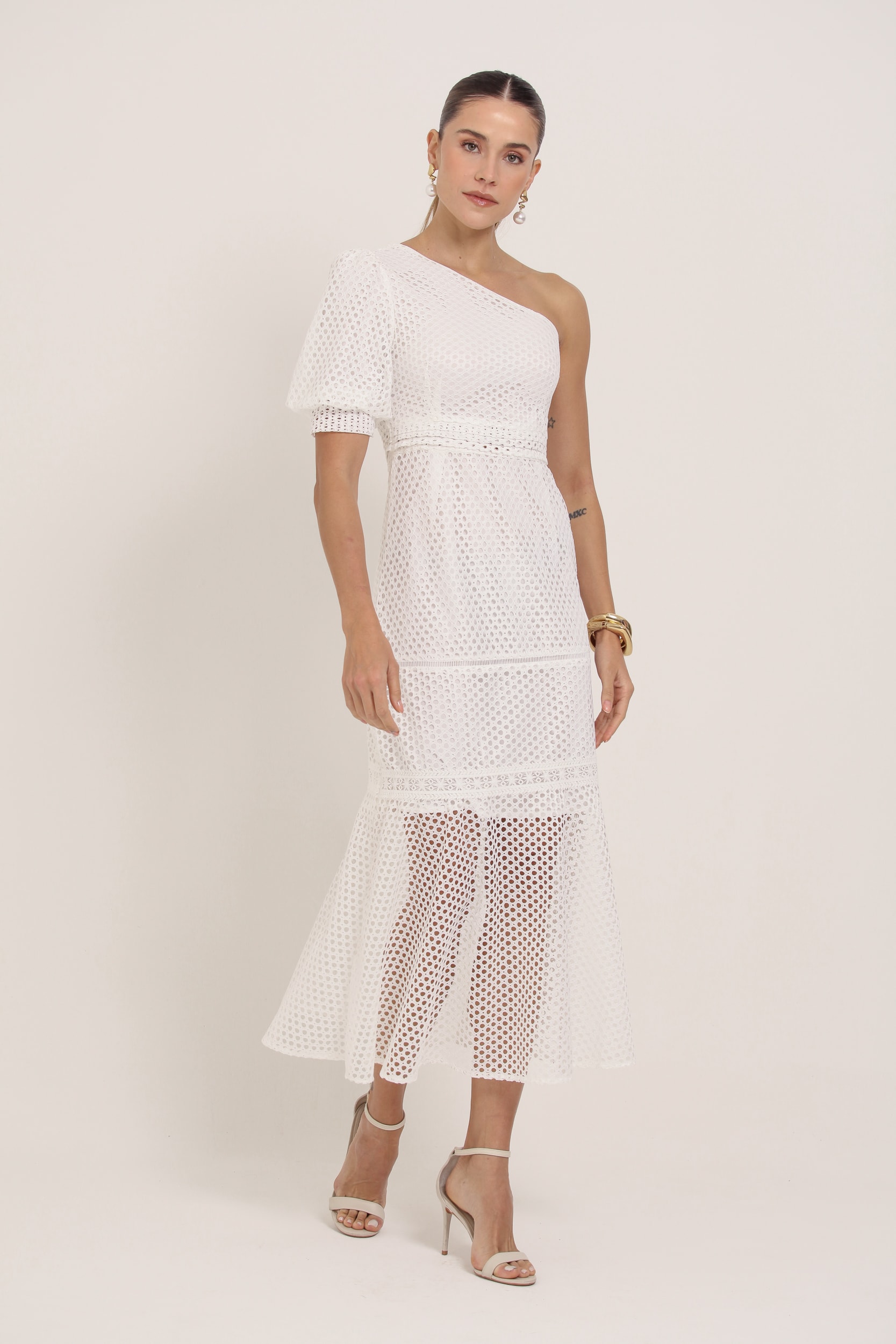 Vestido Midi Guipir Manga Só Branco
