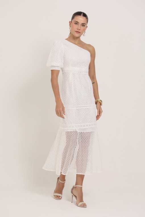Vestido Midi Guipir Manga Só Branco
