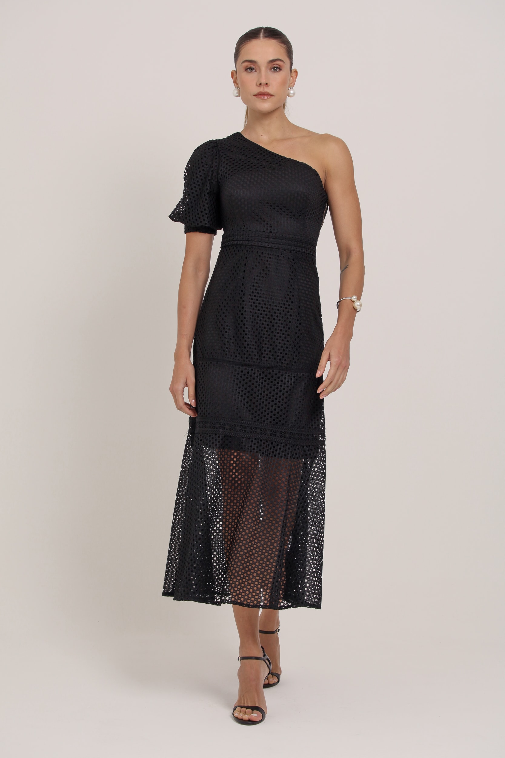Vestido Midi Guipir Manga Só Preto
