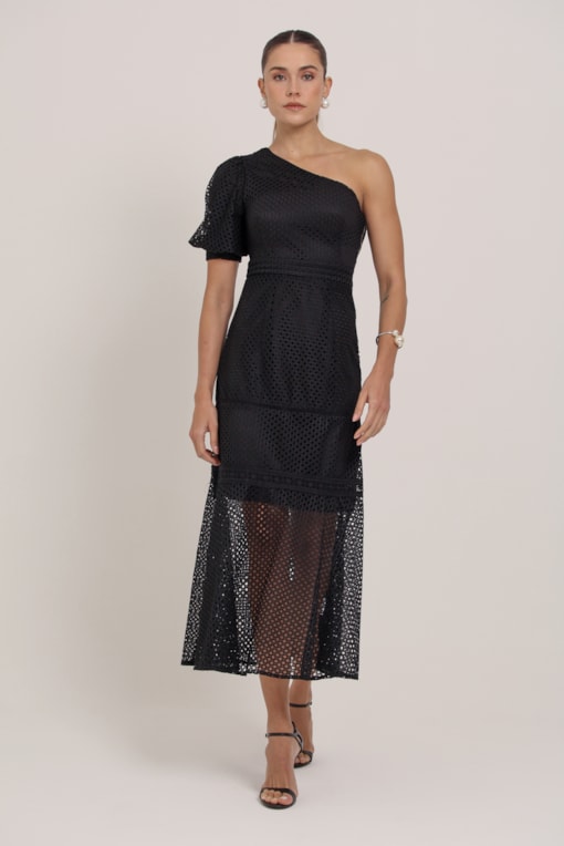 Vestido Midi Guipir Manga Só Preto