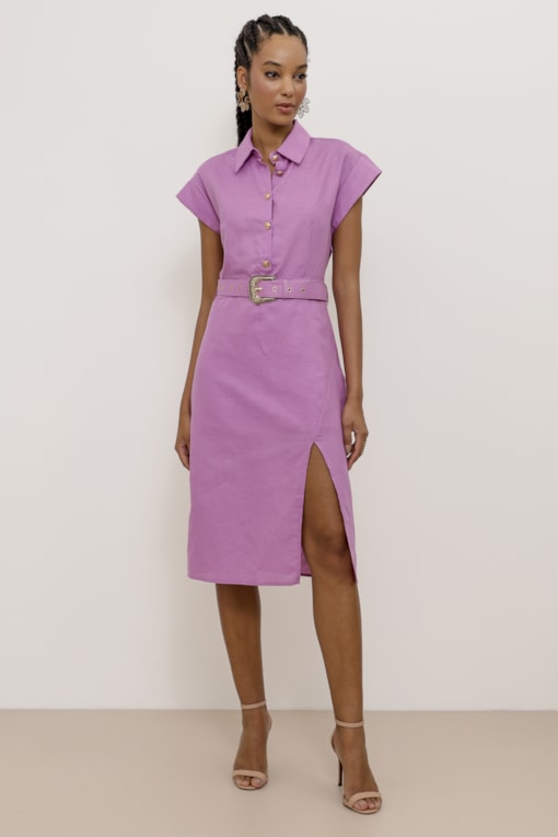 Vestido Mídi Linho Cinto Com Fivela Lilas