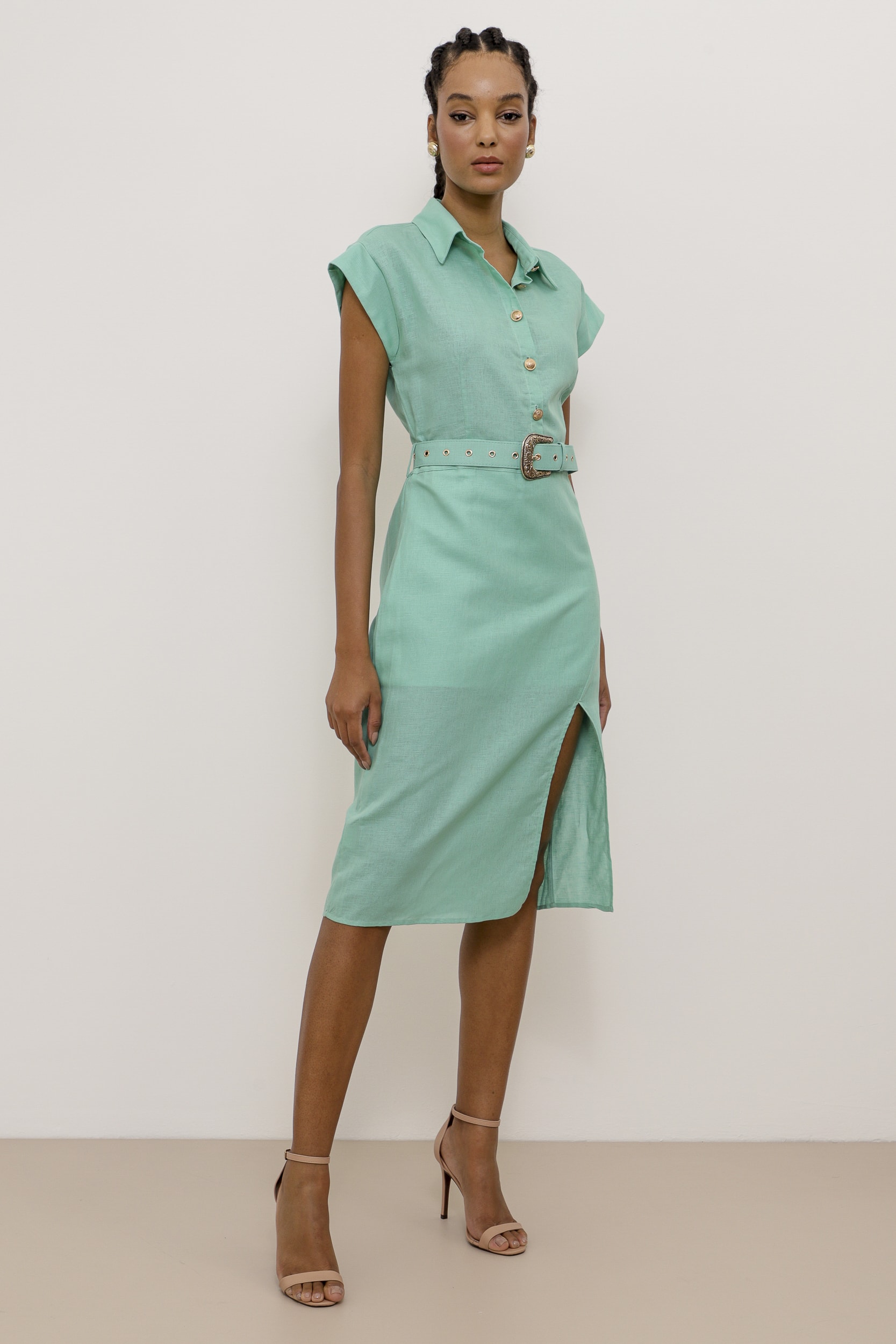 Vestido Mídi Linho Cinto Com Fivela Turquesa