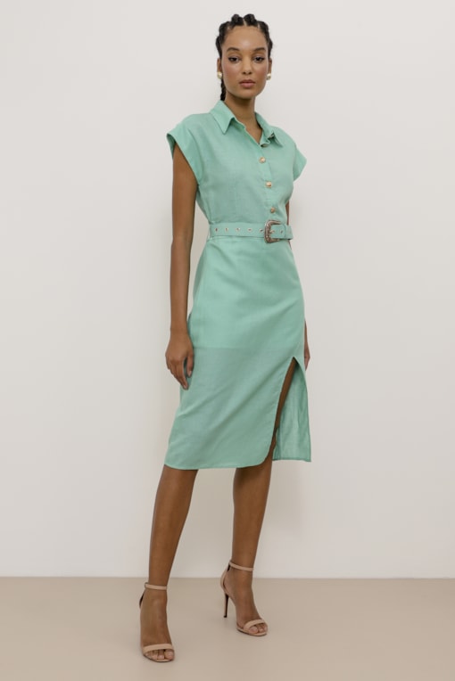 Vestido Mídi Linho Cinto Com Fivela Turquesa