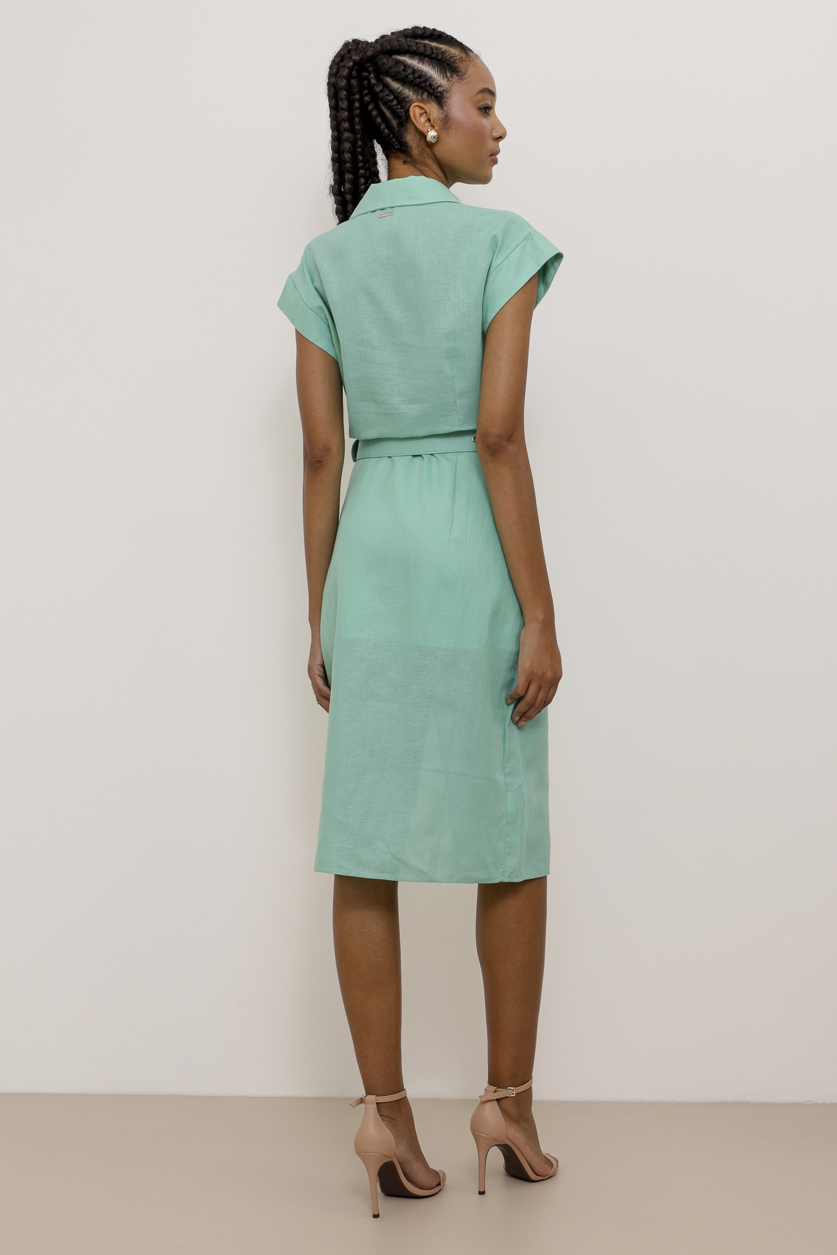 Vestido Mídi Linho Cinto Com Fivela Turquesa