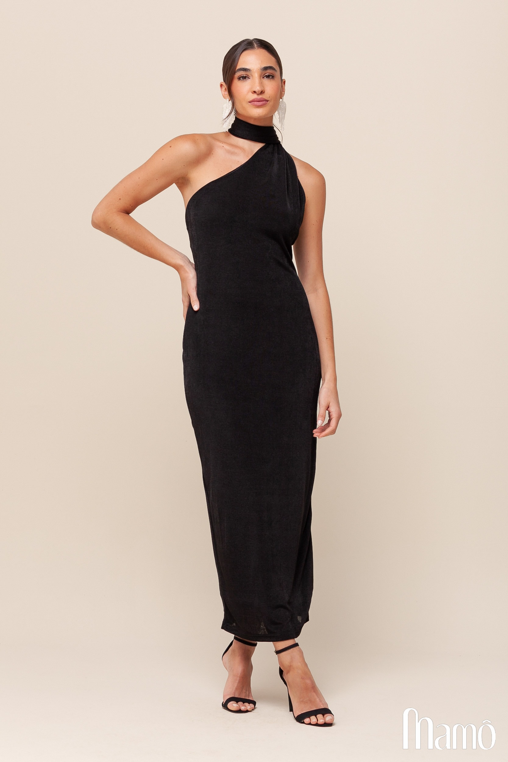 Vestido Midi Malha Gola Alta   Preto