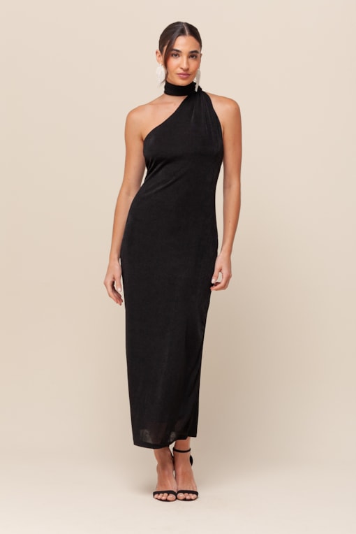 Vestido Midi Malha Gola Alta   Preto