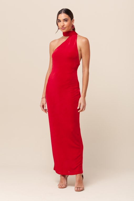 Vestido Midi Malha Gola Alta   Vermelho