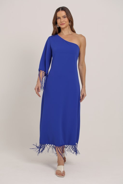 Vestido Midi Manga Única Detalhe Em Franjas Azul