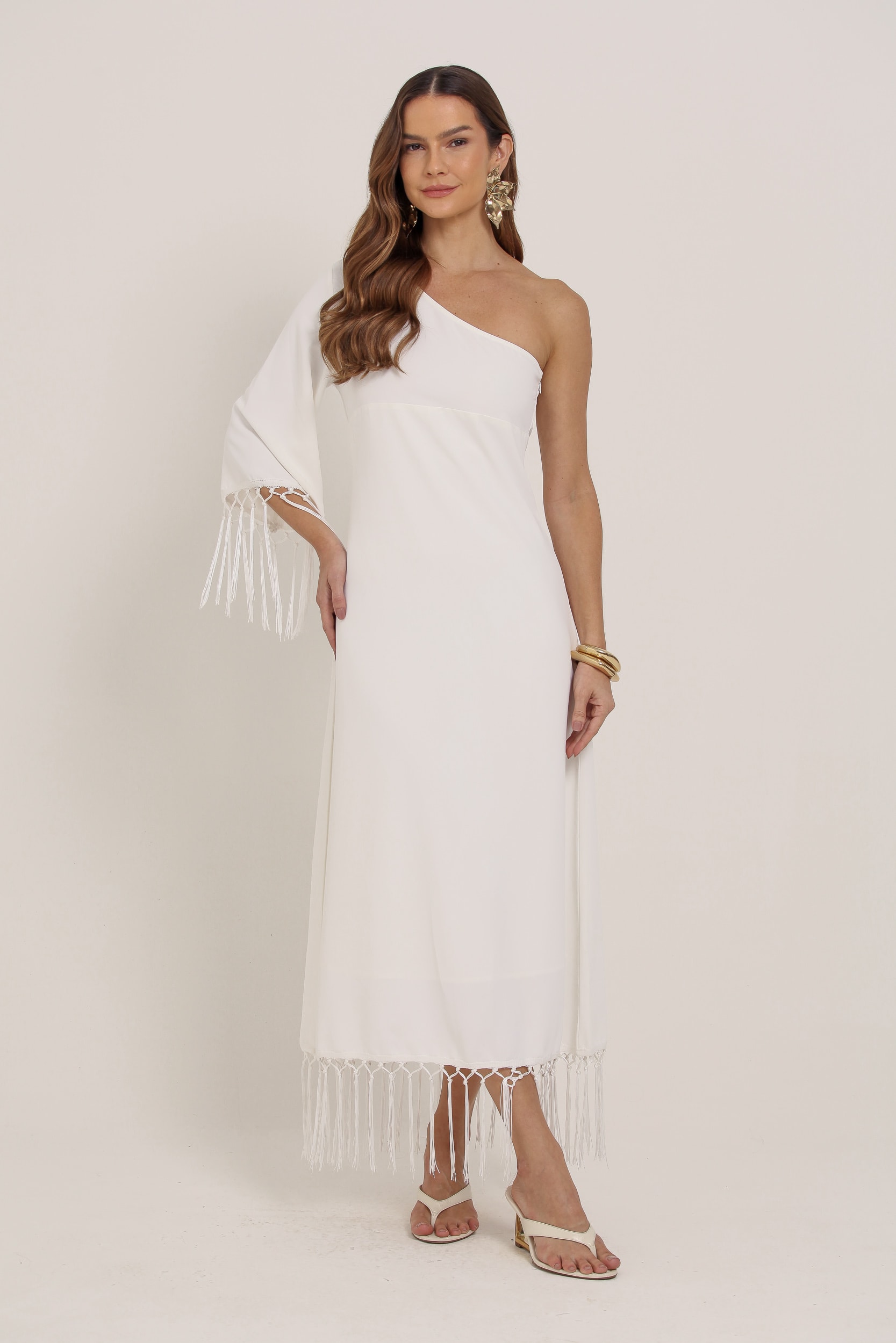 Vestido Midi Manga Única Detalhe Em Franjas Branco