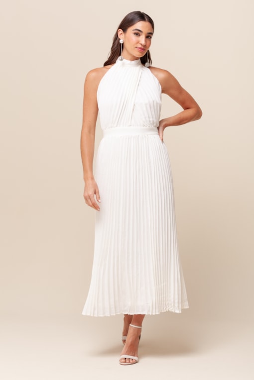 Vestido Midi Plissado Recorte   Off-white