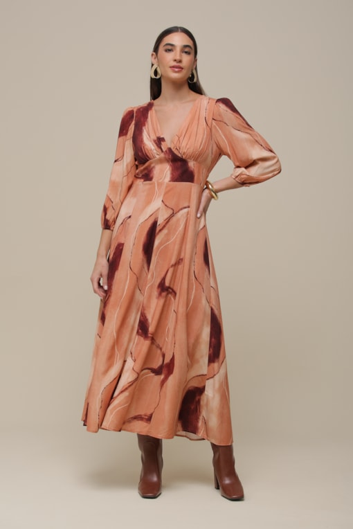 Vestido Midi Semear Manga Princesa  Coral