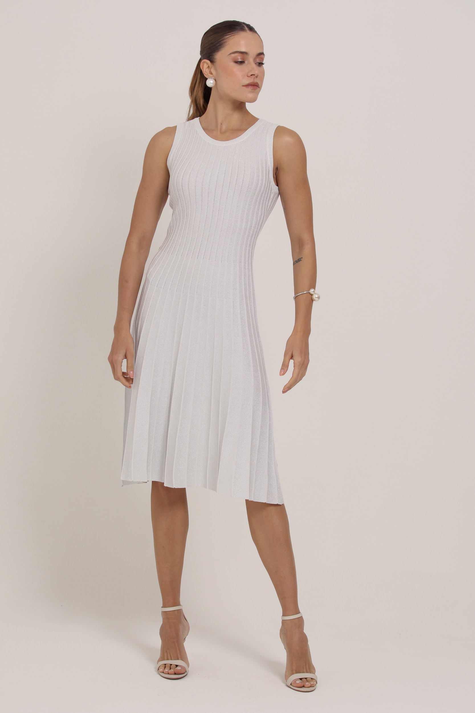 Vestido Midi Tricô Brilhante Off-white