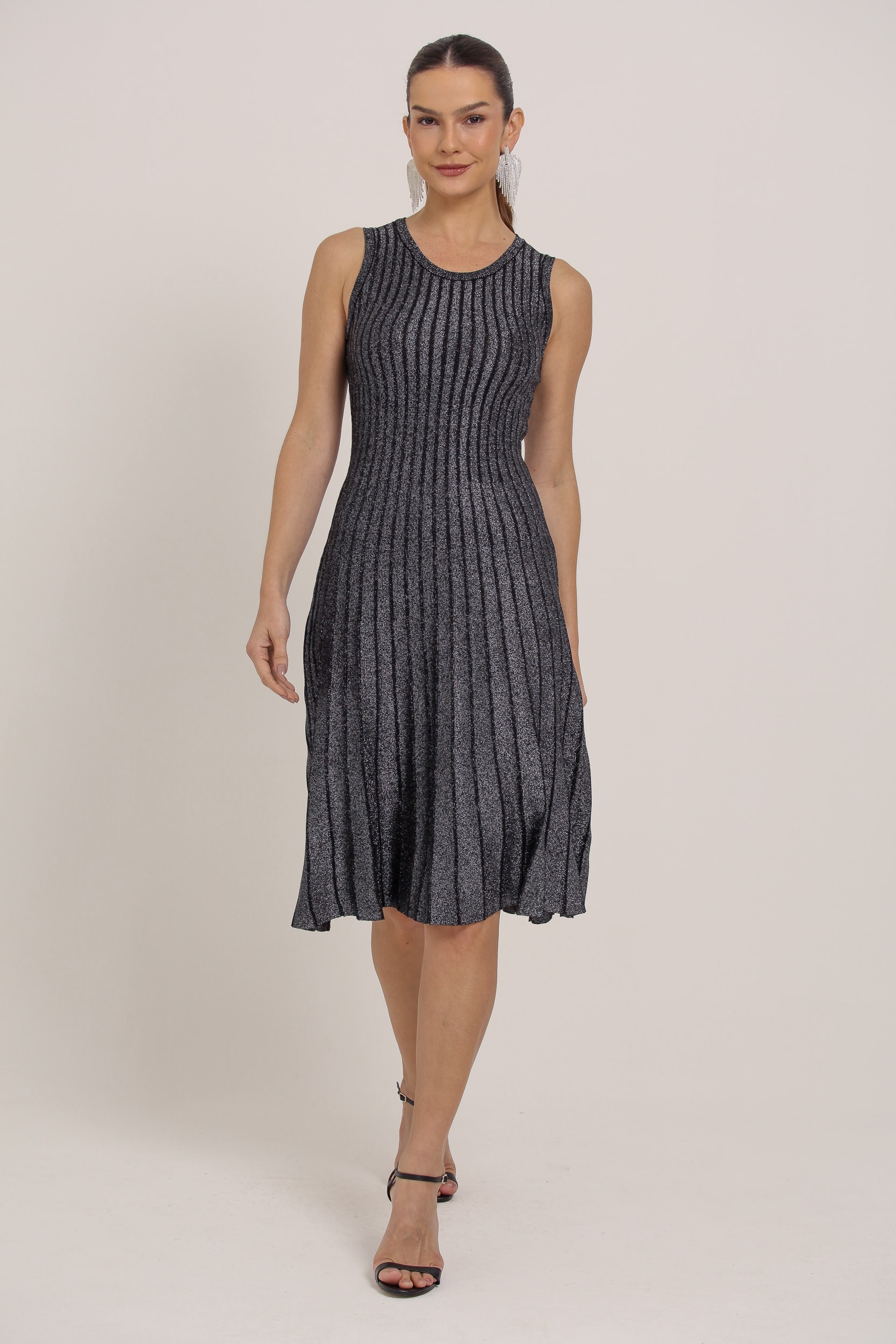 Vestido Midi Tricô Brilhante Preto