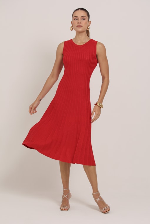 Vestido Midi Tricô Brilhante Vermelho
