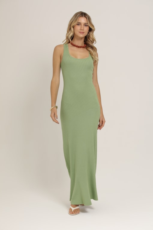 Vestido Midi Tricot Assimetria Barra Verde 