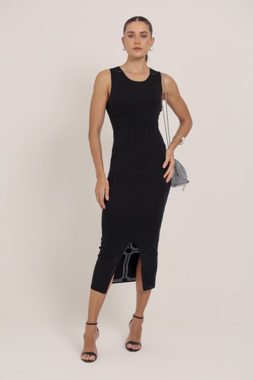 Vestido Midi Tricot Detalhe Quadriculado Preto