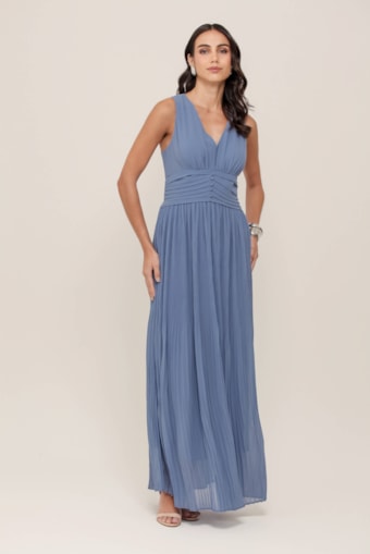 Vestido Plissado Longo Azul