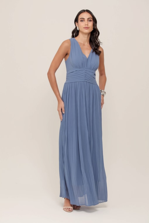 Vestido Plissado Longo Azul