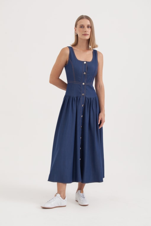 Vestido Regata Jeans Saia Franzida Jeans
