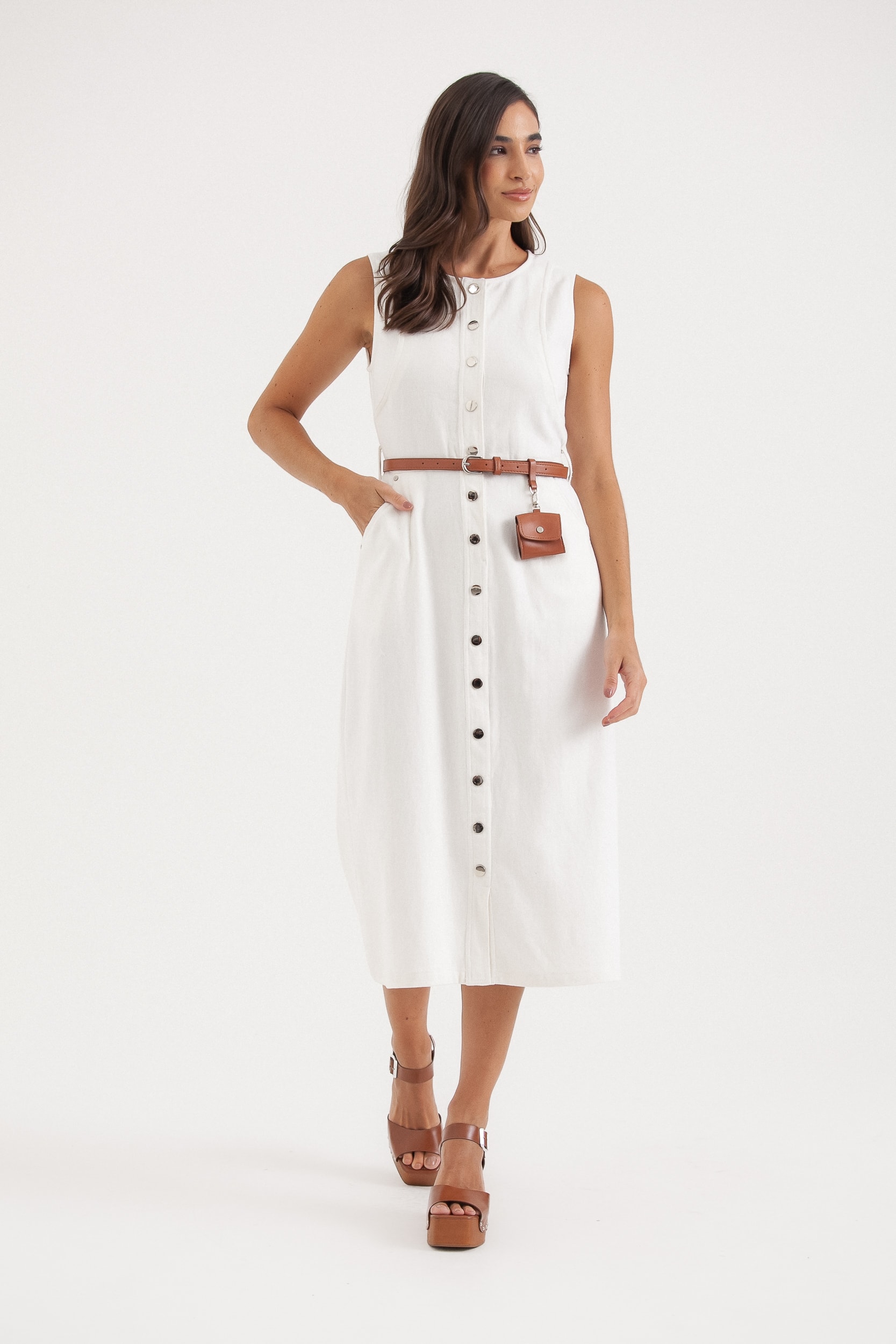 Vestido Regata Sarja Midi Cinto Bolsinho Branco