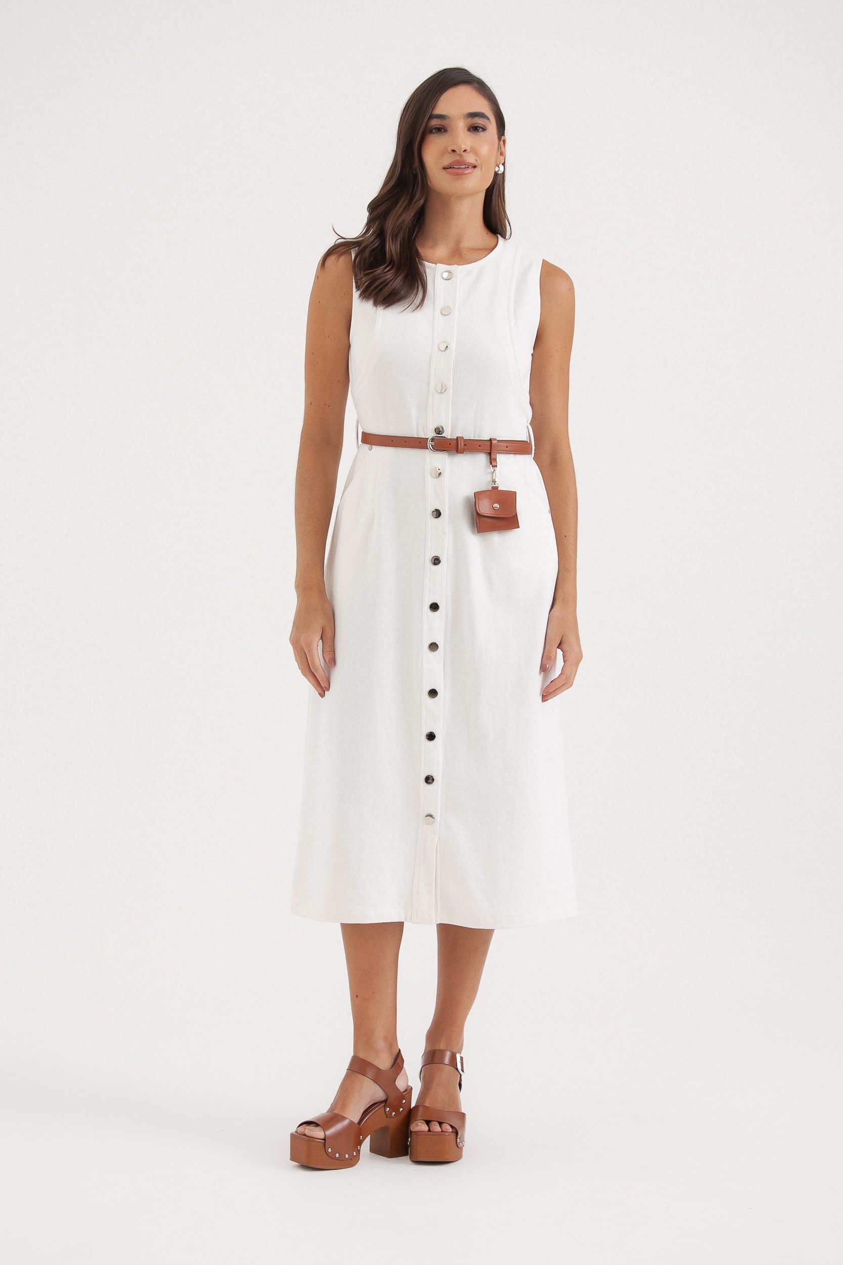 Vestido Regata Sarja Midi Cinto Bolsinho Branco