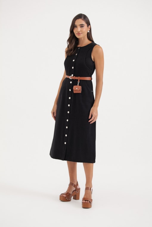 Vestido Regata Sarja Midi Cinto Bolsinho Preto