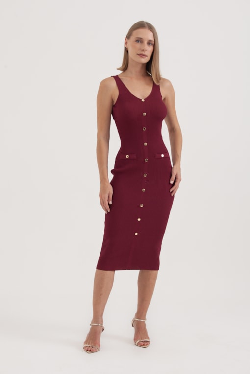 Vestido Regata Tricot Midi Com Botões E Lapelas Vinho