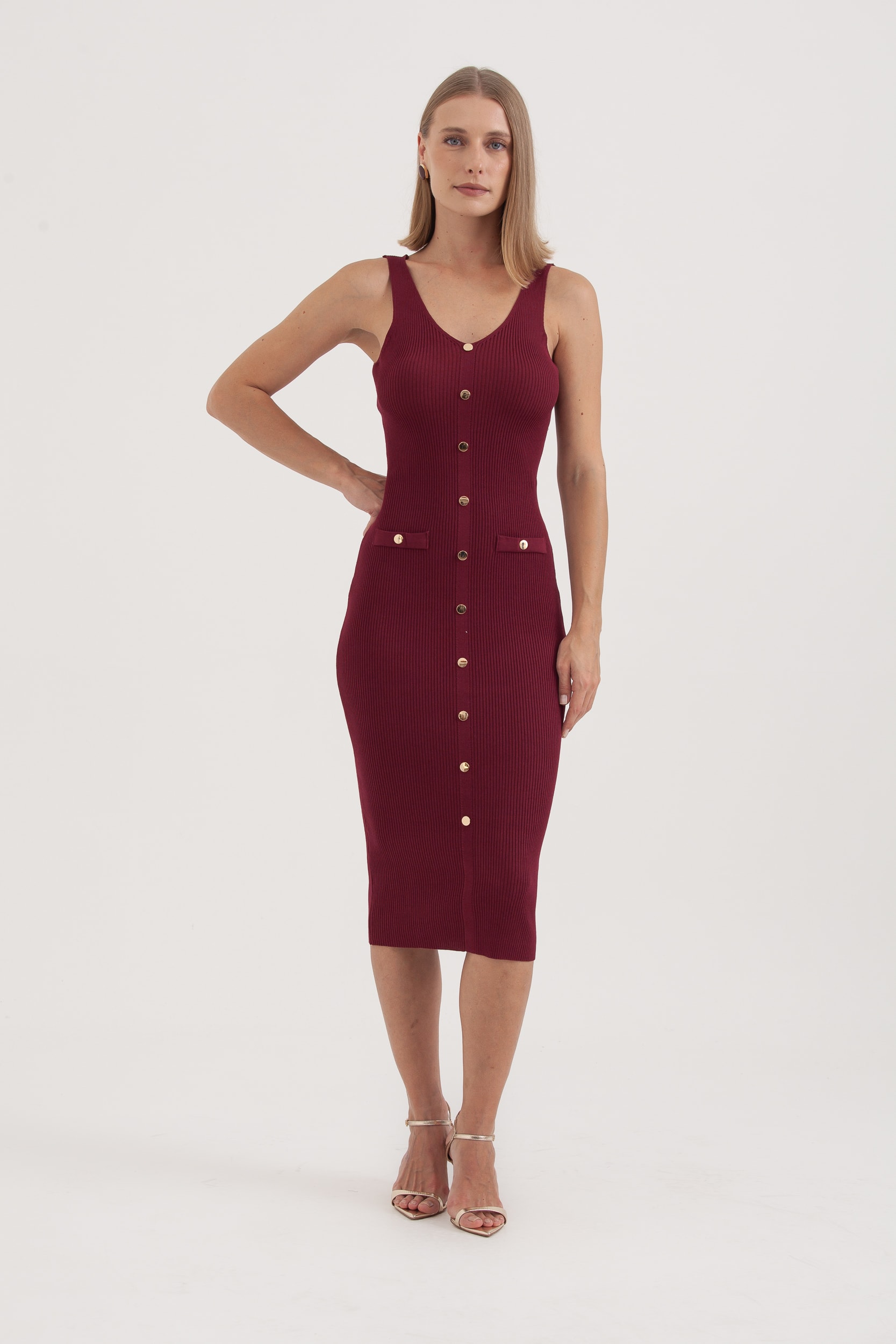 Vestido Regata Tricot Midi Com Botões E Lapelas Vinho