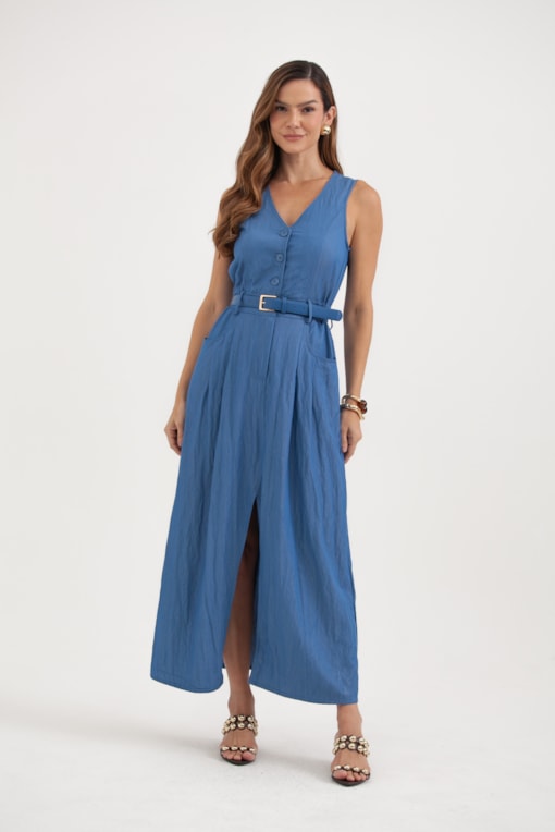 Vestido Sem Manga Elástico Na Cintura Botões E Bolsos Azul