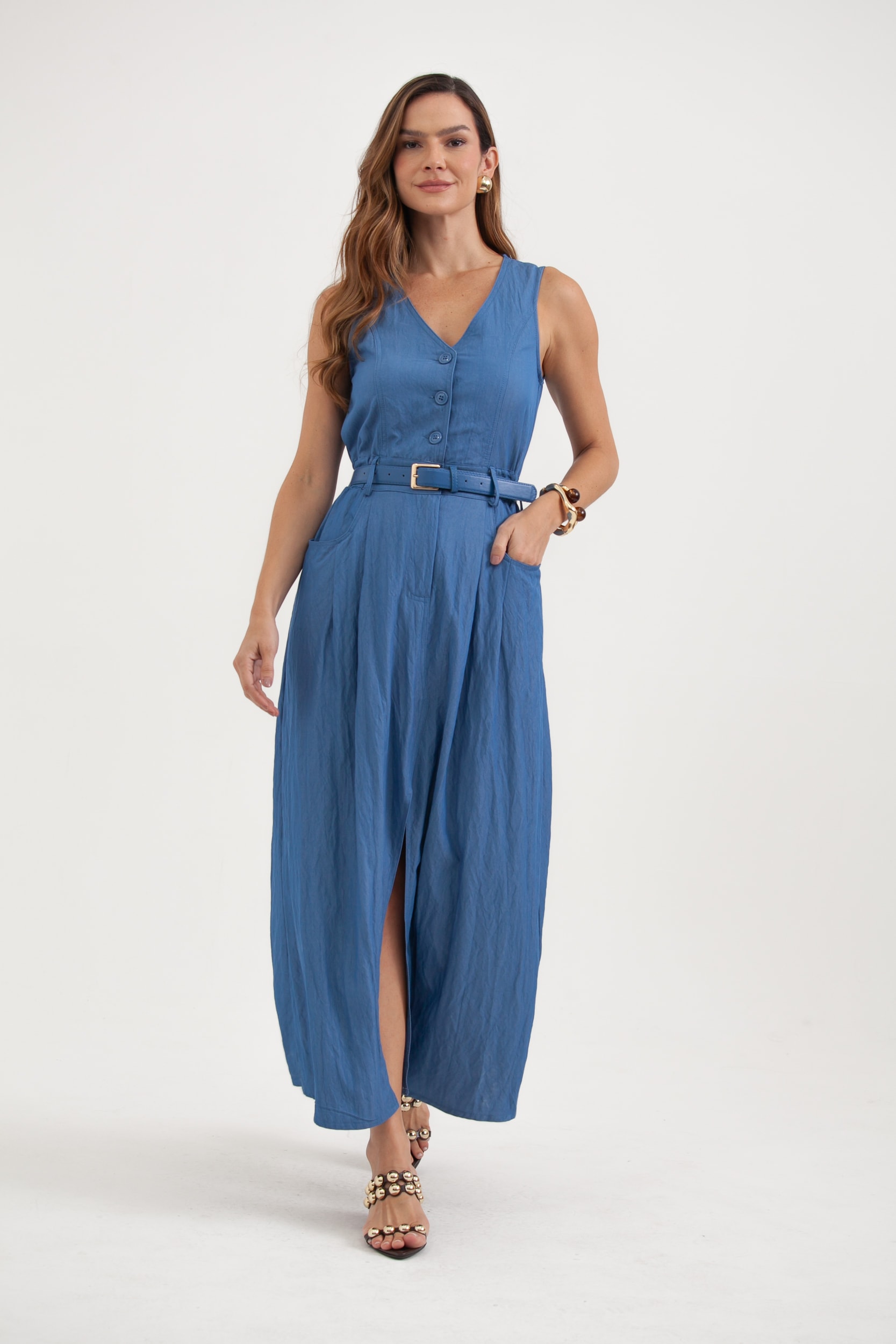 Vestido Sem Manga Elástico Na Cintura Botões E Bolsos Azul