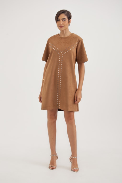 Vestido Suede Tachas Caramelo