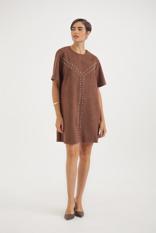Vestido Suede Tachas Marrom