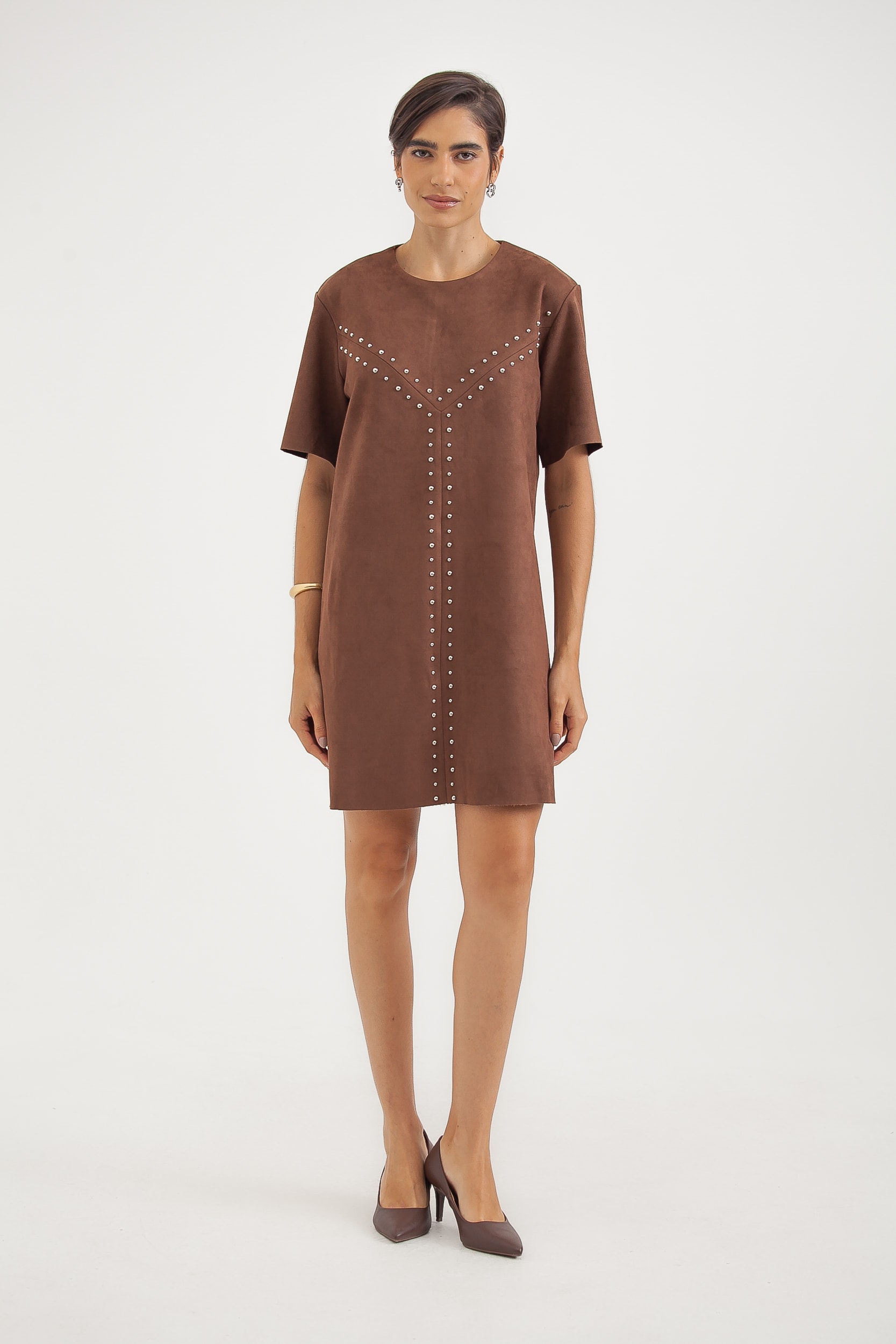 Vestido Suede Tachas Marrom