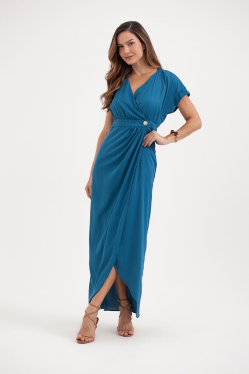 Vestido Transpasse Manga Curta Azul