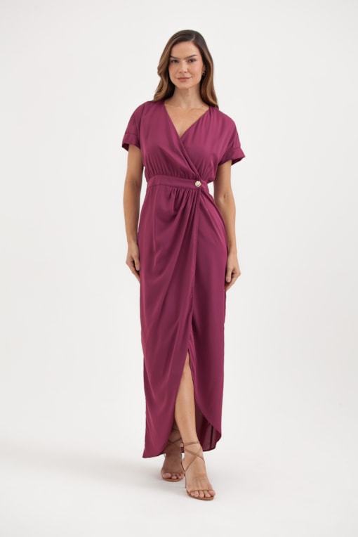 Vestido Transpasse Manga Curta Roxo 